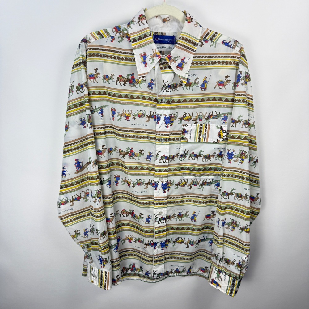 True Vintage 70s Obermeyer Nylon Ski Wind Shirt Mens L Folk Art Reindeer Print